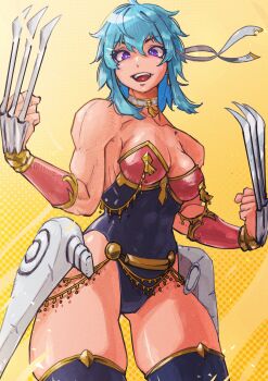 1girl absurdres armor bare_arms bare_shoulders bikini_armor black_leotard blue_hair bracer breasts choker claw_(weapon) claws cleavage collarbone commission commissioner_upload cosplay covered_navel earrings fire_emblem fire_emblem:_genealogy_of_the_holy_war gluteal_fold headband highleg highleg_leotard highres jewelry langrisser langrisser_ii leotard looking_at_viewer medium_breasts muscular muscular_female nintendo open_mouth original purple_eyes sarad_udon selia_(mrtalkingdino) sherry_(langrisser) sherry_(langrisser)_(cosplay) sidelocks simple_background skeb_commission skindentation smile solo standing strapless strapless_leotard thick_thighs thighhighs thighs tomboy weapon white_headband wrist_cuffs