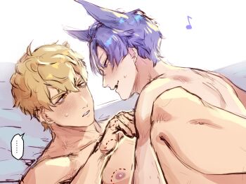 ...... 2boys animal_ears bed bed_sheet bite_mark bite_mark_on_breast bite_mark_on_chest bite_mark_on_hand bite_marks blonde_hair blush fang skin_fang fox_boy fox_ears implied_anal implied_sex knees_up kuya_(nu_carnival) looking_at_another male_focus messy_hair mole mole_under_eye multiple_boys musical_note nipples nu_carnival nude one_eye_closed purple_eyes purple_hair quincy_(nu_carnival) sadism skin_fang smile sweat yaoi yellow_eyes zisedaliebatui