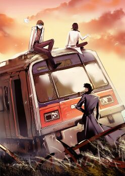1girl 2boys black_coat black_hair black_shirt broken_fence cloud cloudy_sky coat crash crossed_legs full_body grass han_sooyoung hand_on_own_hip highres kim_dokja looking_at_another multiple_boys omniscient_reader&#039;s_viewpoint open_clothes open_coat outdoors roventus shirt short_hair sitting sky smile sunset train white_coat yoo_joonghyuk