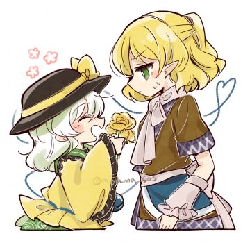 2girls black_hat blonde_hair closed_mouth commentary_request flower green_eyes green_hair hat highres holding holding_flower komeiji_koishi mizuhashi_parsee multiple_girls open_mouth shirt simple_background smile sweatdrop tama_(hiroshige_36) touhou upper_body white_background yellow_eyes yellow_shirt