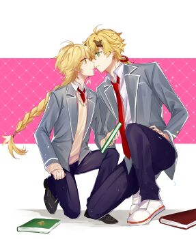 Rule 34 | 2boys, absurdres, aether (genshin impact), blazer, blonde hair, book, braid, commentary request, eye contact, genshin impact, green eyes, highres, holding, holding book, inkka, jacket, light blush, long sleeves, looking at another, male focus, multiple boys, necktie, open mouth, red necktie, school uniform, single braid, thoma (genshin impact), yaoi, yellow eyes
