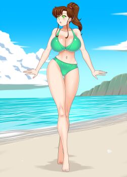 1girl @_@ bikini bishoujo_senshi_sailor_moon bluebullpen breasts brown_hair cleavage green_bikini green_eyes highres hypnosis kino_makoto large_breasts mind_control ponytail solo swimsuit