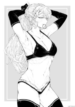 1girl absurdres bra g36_(girls'_frontline) girls'_frontline groin highres lightningace monochrome navel ribs tagme tying_hair underwear