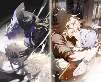 2boys alternate_costume alternate_hairstyle antenna_hair arm_tattoo armlet black_choker black_cloak black_shirt blonde_hair book braid casual chinese_commentary choker cloak closed_eyes collared_shirt commentary_request dark_persona eyewear_on_head facial_tattoo gradient_hair hair_between_eyes hand_on_another's_head hand_on_another's_neck highres holding holding_book honkai:_star_rail honkai_(series) hood hood_up hooded_cloak hug jewelry library male_focus medium_hair multicolored_hair multiple_boys mydei_(honkai:_star_rail) necklace phainon_(honkai:_star_rail) ponytail qinnye red_hair red_tattoo shelf shirt short_hair side_braid sleeves_rolled_up split_screen sun_symbol sun_tattoo tan tattoo watch white_hair white_shirt wristwatch yaoi yellow_blood