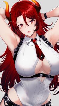 1girl absurdres armpits arms_behind_head belt belt_buckle black_belt black_gloves black_pants breasts buckle cleavage clothing_cutout collared_shirt cross-laced_pants curtained_hair dola_(8th_costume)_(nijisanji) dola_(nijisanji) dragon_girl dragon_horns gloves gradient_horns hair_between_eyes half_gloves high_belt highres horn_ornament horns lace-up_pants large_breasts lips long_hair looking_at_viewer multicolored_horns necktie nijisanji open_mouth orange_horns pants parted_hair red_eyes red_hair red_horns shirt shoulder_belt side_part sleeveless smile solo sugisita_0920 underboob_cutout underbust upper_body very_long_hair virtual_youtuber white_background white_shirt wrist_straps