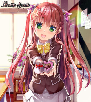 Rule 34 | 1girl, battle spirits, blazer, blush, board eraser, bow, box, brown jacket, candy, chalkboard, chocolate, chocolate heart, classroom, commentary request, copyright logo, copyright name, food, fujima takuya, green eyes, hair ornament, heart, heart-shaped box, heart-shaped food, heart hair ornament, holding, holding box, indoors, jacket, logo, long hair, looking at viewer, noa fleur, official art, open mouth, reaching, reaching towards viewer, red hair, school uniform, shirt, skirt, solo, two side up, valentine, white shirt, white skirt, window, yellow bow