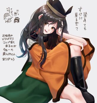 2girls alternate_hair_color amadare_rak black_boots black_hat boots brown_eyes brown_hair character_request commentary_request detached_sleeves green_skirt grey_background hair_between_eyes hat highres long_hair long_sleeves looking_at_viewer matara_okina multiple_girls open_mouth orange_tabard simple_background sitting skirt smile sweatdrop tabard touhou translation_request wide_sleeves yellow_eyes