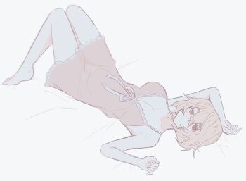 Rule 34 | 1girl, arm on own head, bare legs, bare shoulders, bed sheet, blonde hair, blush, breasts, cleavage, collar, dress, frilled nightgown, from above, genderswap, genderswap (mtf), hair between eyes, highres, idolish7, legs, legs up, looking at viewer, lying, natsume minami, nightgown, on back, on bed, pink nightgown, red eyes, ribbon, short hair, simple background, sleepwear, solo, spaghetti strap