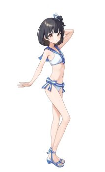 1girl arm_behind_head bikini black_hair blue_sailor_collar brown_eyes flat_chest full_body highres idolmaster idolmaster_million_live! loli nakatani_iku navel one_side_up ransol sailor_bikini sailor_collar sailor_swimsuit_(idolmaster) sandals short_hair simple_background solo standing swimsuit white_background white_bikini