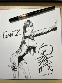 1girl bodysuit breasts commentary_request dated gantz gantz_suit gun highres large_breasts latex latex_bodysuit lips long_hair looking_at_viewer oku_hiroya shimohira_reika signature skin_tight solo standing sword thick_eyebrows weapon