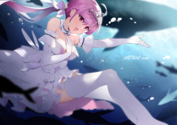 Rule 34 | 1girl, absurdres, ahoge, bare shoulders, blue streaks, blunt bangs, bow, braid, breasts, character name, chinese commentary, choker, cleavage, commentary request, dated commentary, dress, dress bow, elbow gloves, frilled choker, frilled dress, frills, gloves, hair ribbon, half up braid, hand on own chest, high-low dress, highres, hololive, idol, layered dress, long hair, looking afar, looking ahead, medium breasts, meng ge 3 (565571710), minato aqua, minato aqua (aqua iro super dream), no shoes, official alternate costume, open mouth, outstretched hand, purple eyes, purple hair, ribbon, sidelocks, silver tiara, skindentation, solo, strapless, strapless dress, thighhighs, tiara, twintails, underwater, virtual youtuber, white choker, white dress, white gloves, white thighhighs