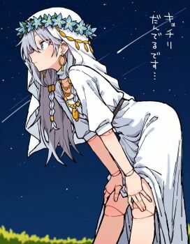 1girl artist_request blue_eyes braid doll_joints dress earrings elden_ring elden_ring_nightreign feet_out_of_frame flower_wreath from_side hands_on_own_knees highres jewelry joints leaning_forward long_hair low_twin_braids night outdoors revenant_(elden_ring) shooting_star sky solo standing star_(sky) starry_sky third-party_source translation_request twin_braids white_coif white_dress white_hair