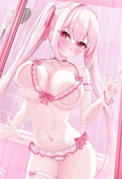 1girl against_glass armband balut_(7676i) bare_shoulders bathroom bikini blush bow bow_bikini bracelet breast_press breasts breasts_on_glass cameltoe cleavage collarbone commentary_request dutch_angle frilled_armband frilled_bikini frills glass_door groin hair_between_eyes hair_ribbon halterneck hand_on_glass heart highres indoors jewelry large_breasts long_hair looking_at_viewer navel original paid_reward_available parted_lips pink_bow pink_eyes pink_hair pink_ribbon pink_trim ribbon shower_head sideboob sidelocks solo standing stomach swimsuit thigh_bow thigh_strap thighs tile_wall tiles twintails underboob very_long_hair water wet white_bikini