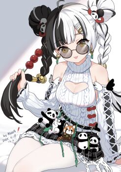 1girl :p absurdres alternate_costume black_hair black_skirt braid breasts cleavage commentary_request dialyn_(zenless_zone_zero) double_bun hair_bun highres kkkula_(kula) looking_at_viewer medium_breasts multicolored_hair pantyhose plaid_clothes plaid_skirt round_eyewear sitting skirt solo sunglasses sweater tongue tongue_out turtleneck turtleneck_sweater twin_braids two-tone_hair white_hair white_pantyhose white_sweater zenless_zone_zero