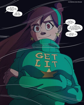 1girl artist_name brown_eyes brown_hair crossed_arms earrings english_text gravity_falls green_hairband green_sweater hairband highres jewelry mabel_pines patreon_username solo speech_bubble star_(symbol) star_earrings swain_(artist) sweater turtleneck turtleneck_sweater watermark web_address
