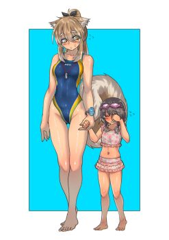 2girls animal_ears aqua_background barefoot bikini bikini_skirt blue_one-piece_swimsuit breasts brown_hair cb_(c-board) commentary_request competition_swimsuit dog_ears dog_girl dog_tail frilled_bikini frills full_body goggles goggles_on_head hair_between_eyes highleg highleg_swimsuit highres holding_hands long_hair lost_child medium_breasts multiple_girls navel one-piece_swimsuit original ponytail side-tie_bikini_bottom swimsuit tail thigh_gap yellow_eyes