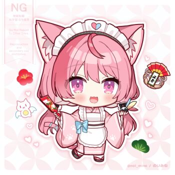 Rule 34 | 1girl, :3, :d, animal ear fluff, animal ears, apron, artist name, black sandals, blush, border, cat ears, cat girl, cat tail, chibi, chibi only, commentary request, frilled apron, frilled sleeves, frills, full body, indie virtual youtuber, japanese clothes, kimono, long hair, long sleeves, looking at viewer, low twintails, maid, maid headdress, noi mine, okobo, open mouth, outline, pink background, pink eyes, pink hair, pink kimono, platform sandals, sandals, smile, socks, solo, standing, tabi, tail, twintails, twitter username, virtual youtuber, wa maid, white apron, white border, white outline, white socks, wide sleeves, yuuki sakuna