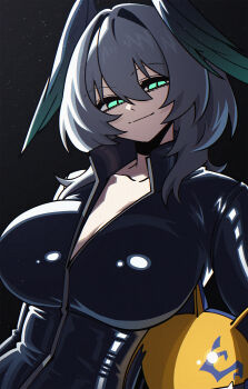 1girl absurdres animal_ear_helmet animal_helmet aqua_eyes arknights black_bodysuit bodysuit breasts celty_sturluson celty_sturluson_(cosplay) closed_mouth cosplay dryegen durarara!! feathered_wings grey_hair hair_between_eyes head_wings helmet highres ho&#039;olheyak_(arknights) holding holding_unworn_helmet large_breasts looking_at_viewer medium_hair motorcycle_helmet sawashiro_miyuki slit_pupils smile solo unworn_headwear unworn_helmet upper_body voice_actor_connection wings