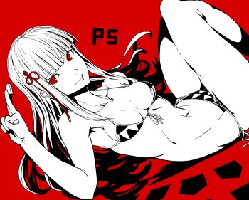 1girl armpits bikini black_bikini breasts breasts_apart front-tie_bikini_top front-tie_top highres hime_cut holding_shogi_piece lying medium_breasts navel persona persona_5 red_eyes shogi_piece side-tie_bikini_bottom solo stomach swimsuit tagaya6592 thighs tougou_hifumi triangle_print white_bikini