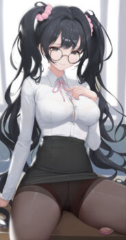 1girl absurdres black_eyes black_hair black_pantyhose black_skirt blush breasts brown_pantyhose button_gap closed_mouth collared_shirt desk dress_shirt glasses hair_ornament hand_on_own_chest highres indoors large_breasts long_hair long_sleeves looking_at_viewer neck_ribbon office_lady on_desk original panties panties_under_pantyhose pantyhose pencil_skirt pink_ribbon ponytail ribbon round_eyewear scrunchie shirt shirt_tucked_in sitting skirt smile solo thighs twintails underwear very_long_hair white_panties white_shirt youngjoo_kjy