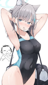Rule 34 | 1boy, 1girl, animal ear fluff, animal ears, armpits, arms behind head, bag, blue archive, blue eyes, blue halo, breasts, cameltoe, competition swimsuit, covered navel, cross hair ornament, doodle sensei (blue archive), grey hair, hair ornament, halo, highres, looking at viewer, medium breasts, mouth hold, official alternate costume, one-piece swimsuit, ponytail, sensei (blue archive), shiroko (blue archive), shiroko (swimsuit) (blue archive), simple background, solo focus, swimsuit, wet, wet clothes, wet swimsuit, white background, yuukun mk-ii