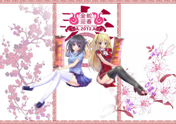 2girls ariacandy_(4882839) black_hair black_thighhighs blonde_hair china_dress chinese_clothes chinese_new_year commentary_request dress floral_background flower flower_ornament highres long_hair multiple_girls open_mouth original republic_of_china_school_uniform school_uniform shoes smile thighhighs white_thighhighs