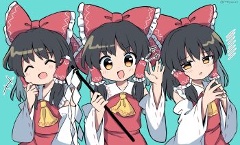 Rule 34 | 1girl, :o, aqua background, ascot, bare shoulders, black hair, blush, bow, brown eyes, brown hair, closed eyes, detached sleeves, frilled bow, frilled hair tubes, frilled shirt collar, frills, gohei, hair bow, hair tubes, hakurei reimu, hashtag-only commentary, highres, japanese clothes, large bow, long hair, looking at viewer, medium hair, miko, multiple persona, nontraditional miko, ofuda, oonusa, open mouth, ponytail, ramudia (lamyun), red bow, red shirt, red skirt, reimu day, ribbon-trimmed clothes, ribbon-trimmed collar, ribbon-trimmed sleeves, ribbon trim, sarashi, shirt, short hair, sidelocks, simple background, skirt, smile, touhou, twitter username, white sleeves, wide sleeves, yellow ascot, yellow eyes