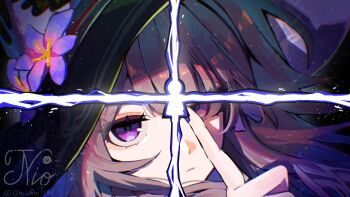 Rule 34 | 1girl, black hat, brown hair, closed mouth, commentary, flower, hair ribbon, hat, hat flower, herta (honkai: star rail), highres, honkai: star rail, honkai (series), index finger raised, jpg-to-png conversion, long hair, looking at viewer, om rm1101, purple eyes, purple flower, purple ribbon, ribbon, signature, social media composition, solo, stitched, the herta (honkai: star rail), third-party edit, twitter username, watermark, witch hat