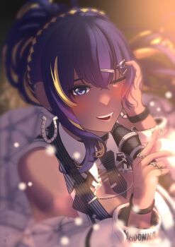 Rule 34 | 1girl, absurdres, bare shoulders, between breasts, blonde hair, blue eyes, breasts, cleavage, coat, colored inner hair, commentary, dark-skinned female, dark skin, earrings, english commentary, goddess of victory: nikke, highres, holding, holding microphone, horseshoe earrings, jewelry, large breasts, lash, long hair, long sleeves, microphone, multicolored hair, necktie, necktie between breasts, noise (classic diva) (nikke), noise (nikke), official alternate costume, one eye closed, open mouth, puffy coat, purple hair, solo, striped clothes, two-tone hair, vertical-striped clothes, vertical-striped necktie, white coat, white nails