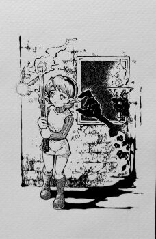 Rule 34 | 1girl, boots, deku stick, fairy, fire, greyscale, hairband, kandori makoto, monochrome, nintendo, painting (object), poe (zelda), poe sisters, pointy ears, saria (zelda), shorts, solo, stick, sweater, the legend of zelda, the legend of zelda: ocarina of time, torch, traditional media, tunic, turtleneck, turtleneck sweater
