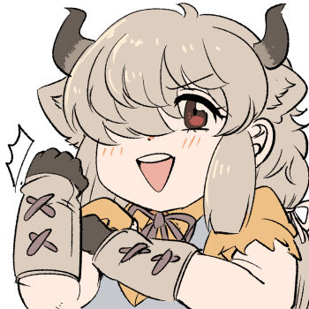 1girl animal_ears apron blush brown_eyes cow_ears cow_girl cow_horns extra_ears gloves grey_hair hair_over_one_eye horns kemono_friends long_hair looking_at_viewer mcgunngu neck_ribbon ribbon shirt simple_background solo upper_body yak_(kemono_friends)