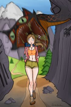 1girl ? abs absurdres animal_ears backpack bag belt black_scales blurry blurry_background bottle bracelet breasts brown_hair brown_shorts cargo_shorts cat_ears claw_mark claws cleavage clueless conifer crop_top cryptid dragon green_eyes green_shorts grey_socks highres hiking hiking_backpack holding holding_bag horror_(theme) imminent_death imminent_vore jewelry landscape light_blush midriff mole mole_on_breast monster motion_blur mountain navel necklace open_mouth orange_sports_bra orange_tank_top outdoors peace_symbol peril pink_bag ponytail rock saliva sharp_teeth shorts sleeping_bag slit_pupils socks solo spoken_question_mark sports_bra sweat switzerland tank_top tatzelwurm_(mythology) teeth thighs toned toned_female user_cvas2553 walking water_bottle western_dragon wide-eyed worried