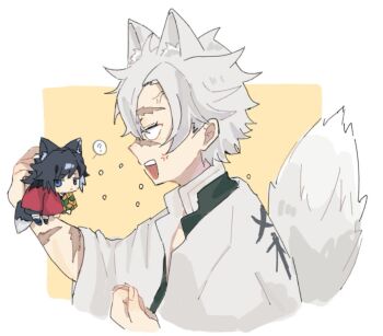 2boys ? animal_ears black_hair blue_eyes chibi closed_mouth fingernails grey_hair haori japanese_clothes kia_nagi412 kikkoumon kimetsu_no_yaiba long_hair looking_at_viewer male_focus mini_person miniboy multiple_boys open_mouth print_haori profile red_haori scar scar_on_face shinazugawa_sanemi short_hair spiked_hair spoken_question_mark tail teeth tomioka_giyuu upper_body upper_teeth_only