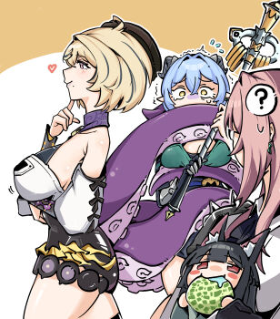 4girls ? absurdres animal_ear_fluff animal_ears arm_under_breasts bare_shoulders black_hair blonde_hair blue_hair blush_stickers bossjob3 breasts carrying carrying_person chibi closed_mouth commentary detached_sleeves eating english_commentary finger_to_cheek food food_in_mouth from_side fruit glasses hair_between_eyes hair_intakes hand_up hat heart highres holding holding_food holding_staff horns hoshimi_miyabi index_finger_raised large_breasts light_smile lipstick long_hair lucia_elowen makeup mechanical_arms medium_breasts melon mole mole_under_mouth multicolored_hair multiple_girls partially_shaded_face pink_hair pointy_ears prosthesis prosthetic_arm raised_inner_eyebrows red_hair saliva scared short_hair sideboob single_mechanical_arm staff tail tail_wrap tearing_up tentacle_tail tentacles trembling tsukishiro_yanagi turn_pale two-tone_hair walking yellow_eyes yidhari_murphy zenless_zone_zero