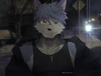 1boy animal_ears artist_name black_jacket black_tank_top commentary dog_boy dog_ears animal_nose dog_tags english_commentary furry furry_male grey_fur grey_hair highres jacket jewelry kouya_aotsuki looking_at_viewer male_focus morenatsu muscular muscular_male necklace photo_background smile tank_top twitter_username wik4d