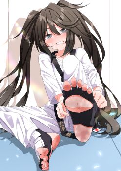 1girl absurdres adjusting_footwear barefoot belt black_belt black_trim blush brown_hair collarbone dairoku_ryouhei dirty dirty_feet dougi feet foot_focus godai_01 grey_eyes happy highres indoors japanese_flag karate_gi long_hair long_sleeves looking_at_viewer martial_arts_belt original pants shirt sitting smile soles solo sparkling_eyes stirrup_legwear sweat sweatdrop tatemoto_shiori_(nao) teeth toeless_legwear toenails toes twintails very_long_hair white_pants white_shirt