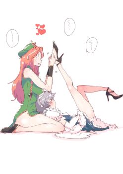 2girls adjusting_another's_clothes apron bad_id bad_pixiv_id black_shoes blue_dress blush bracelet braid dress elbow_gloves frills from_side full_body gloves green_dress green_hat hair_ribbon hand_on_another's_foot hat hat_ornament heart high_heels highres hong_meiling izayoi_sakuya jewelry lap_pillow legs_up looking_at_another lying lying_on_another maid maid_apron maid_headdress multiple_girls non_(z-art) on_back open_mouth orange_hair panties ribbon ribbon_in_braid shoes short_hair single_braid sleeveless sleeveless_dress smile speech_bubble spoken_heart star_(symbol) star_hat_ornament touhou underwear white_background white_gloves white_panties