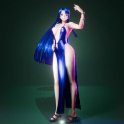 Rule 34 | 1girl, 3d, alternate costume, artist request, bare shoulders, blue gloves, blue hair, breasts, cleavage cutout, clothing cutout, collarbone, curvy, dress, elbow gloves, formal, gloves, hand on own hip, hime cut, large breasts, long hair, navel, navel cutout, no bra, official alternate costume, red eyes, shiny skin, short dress, simple background, solo, taimanin (series), taimanin murasaki, taimanin rpgx, very long hair, wide-eyed, yatsu murasaki