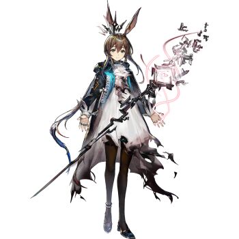 1girl amiya_(arknights) amiya_(medic)_(arknights) animal_ears anklet arknights ascot black_coat black_crown black_pantyhose black_shoes blue_eyes brown_hair burnt_clothes choker civilight_eterna closed_mouth coat crown dress ear_through_crown floating_crown floating_staff full_body infection_monitor_(arknights) jewelry long_hair long_sleeves looking_at_viewer low_ponytail mag_(mag42) multiple_rings official_alternate_costume official_art pantyhose ponytail rabbit_ears rabbit_girl rhodes_island_uniform ring shoes sidelocks simple_background solo staff standing tachi-e third-party_source transparent_background very_long_hair white_ascot white_dress