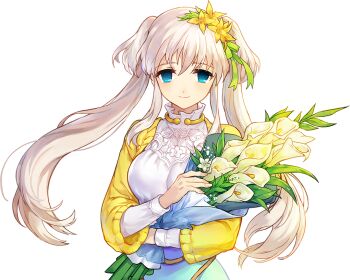 1girl alternate_costume artist_request blue_eyes blue_sky bouquet breasts calla_lily closed_mouth collar cowboy_shot empty_eyes flower frilled_collar frills hair_between_eyes hair_flower hair_ornament high_collar holding holding_bouquet large_breasts light_blush long_hair long_sidelocks looking_at_viewer mabinogi nao_(mabinogi) nexon no_pupils official_art second-party_source shirt shrug_(clothing) sidelocks simple_background sky sleeve_cuffs smile split_mouth three-quarter_sleeves transparent_background white_flower white_hair white_shirt white_sleeves wide_sleeves yellow_flower yellow_shrug yellow_sleeves