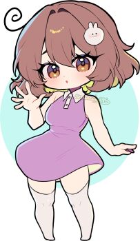 1girl :o aqua_background arm_at_side artist_self-insert bare_arms bare_shoulders blonde_hair bob_cut border breasts brown_eyes brown_hair collared_dress colored_inner_hair commentary cowlick curvy deformed double-parted_bangs dress english_commentary eyebrows_hidden_by_hair eyelashes full_body hair_between_eyes hair_intakes hair_ornament hand_up highres looking_at_viewer medium_breasts medium_hair multicolored_hair no_shoes open_mouth original outside_border purple_dress rabbit_hair_ornament sasu_(sasucchi95) sasucchi95 short_dress simple_background sleeveless sleeveless_dress solo standing thighhighs two-tone_hair waving white_border white_thighhighs zettai_ryouiki