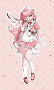 1girl absurdres alternate_costume apron blunt_bangs bowl chocolate chocolate_making commentary_request dress frilled_apron frills full_body green_eyes grid_background gumikun12 hair_ornament hairclip hanako_nana hand_up highres holding holding_bowl holding_whisk kneehighs korean_commentary long_hair maid maid_apron maid_headdress one_eye_closed open_mouth outline parallel_hairclips peto_(hanako_nana) pink_background pink_dress pink_hair pink_shoes rabbit shoes short_dress short_sleeves smile socks solo stellive two_side_up virtual_youtuber whisk white_apron white_outline white_socks x_hair_ornament