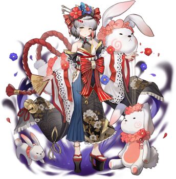1girl anklet ark_order back_bow bell black_footwear blue_hakama bow clothing_cutout collar earrings facial_mark flower folding_fan frilled_collar frilled_skirt frills full_body hair_bow hair_flower hair_ornament hair_stick hakama hakama_skirt hand_fan hip_vent holding holding_fan japanese_clothes jewelry jingle_bell kimono long_skirt long_sleeves looking_at_viewer off_shoulder official_art parted_lips platform_clogs platform_footwear pppppan puppet_rings puppet_strings rabbit red_bow red_flower ring rope shimenawa short_hair sidelocks single_earring skirt solo standing stuffed_animal stuffed_rabbit stuffed_toy tachi-e tassel transparent_background white_hair white_kimono wide_sleeves yakami_hime_(ark_order) yellow_eyes