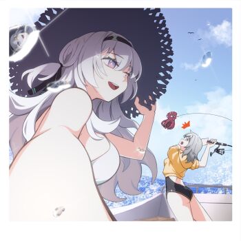 2girls black_hairband black_one-piece_swimsuit boat cloud cloudy_sky firefly_(honkai:_star_rail) fishing fishing_rod grey_hair hair_between_eyes hair_intakes hairband hat highres holding holding_fishing_rod honkai:_star_rail honkai_(series) long_hair multicolored_eyes multiple_girls octopus on_boat one-piece_swimsuit one_eye_closed open_mouth reaching reaching_towards_viewer selfie shi_(shi4557) shirt sky smile stelle_(honkai:_star_rail) swimsuit teeth trailblazer_(honkai:_star_rail) two-tone_eyes upper_teeth_only water watercraft white_shirt yellow_shirt