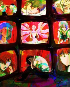 2boys 2girls artist_name ayanami_rei bandage_over_one_eye bandaged_head bandages black_eyes black_hair black_pants blue_hair breasts colored_skin commentary_request crt derivative_work emikkzo grey_hair hair_between_eyes ikari_shinji knees_to_chest korean_commentary multiple_boys multiple_girls multiple_views nagisa_kaworu neon_genesis_evangelion on_floor pants red_eyes red_hair red_theme screenshot_redraw shirt souryuu_asuka_langley television the_end_of_evangelion watercolor_effect white_shirt white_skin wings wire