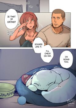 1boy 1girl animal bed black_tank_top blue_eyes bowl brown_hair buzz_cut character_name collarbone commentary courier_(fallout:_new_vegas) craig_boone door english_commentary fallout fallout:_new_vegas gecko grey_shirt hair_between_eyes indoors jalapeno_(milramemo) milramemo noelle_rutherford parted_lips pet_bed pet_bowl shirt short_hair short_sleeves signature tank_top trembling twitter_username very_short_hair