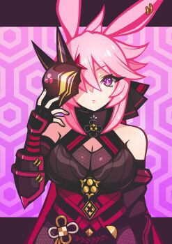 1girl absurdres animal_ear_fluff animal_ears armor bacon_strips breasts commentary detached_sleeves earrings english_commentary fishnets fox_ears fox_mask gauntlets hair_ribbon highres honkai_(series) honkai_impact_3rd japanese_armor jewelry large_breasts mask one_eye_covered pink_eyes pink_hair purple_eyes ribbon yae_kasumi yae_sakura