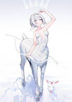 >_< 1girl animal animal_ears arm_up artist_name baby_animal bow_(weapon) breasts centaur commentary_request gradient_background highres holding holding_bow_(weapon) holding_weapon lamb original sheep sheep_ears sheep_girl sheep_tail short_hair solo tail taur weapon white_fur white_hair zenshin