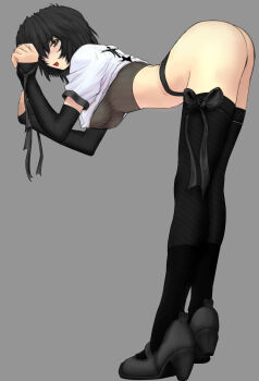 1girl against_wall alternate_color arched_back ass ayanami_rei bend bent_over black_hair black_panties black_thighhighs blush breasts covered_erect_nipples crop_top elbow_gloves female_focus fishnets full_body gloves goth_fashion grey_background hair_over_one_eye high_heels jpeg_artifacts legs looking_at_viewer looking_back medium_breasts mogudan neon_genesis_evangelion ninja open_mouth panties player_2 ribbon see-through_clothes shoes shop short_hair simple_background smile solo thighhighs third-party_edit thong underboob underwear unmoving_pattern yellow_eyes