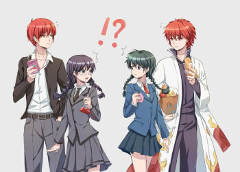 Rule 34 | !?, 10s, 2boys, 2girls, ^^^, akabane karma, ansatsu kyoushitsu, apple, arm at side, bag, belt, black eyes, black hair, black jacket, black necktie, black pants, blazer, blue jacket, blue skirt, braid, bread, breasts, carrying, carrying under arm, cat princess, closed mouth, collared shirt, cowboy shot, crossover, dress shirt, drink carton, erlenmeyer flask, eye contact, eyebrows, flask, food, frown, fruit, glasses, green hair, grey background, grey jacket, grey pants, grey skirt, gym uniform, hair between eyes, hand in pocket, handbag, haori, holding, holding food, jacket, japanese clothes, juice box, kyoukai no rinne, long hair, long sleeves, look-alike, looking at another, looking back, mamiya sakura, miniskirt, multiple boys, multiple girls, neck ribbon, necktie, okuda manami, pants, pleated skirt, popped collar, red eyes, red hair, red ribbon, ribbon, rokudou rinne, school uniform, shirt, simple background, skirt, small breasts, standing, surprised, trait connection, twin braids, twintails, white shirt, wide sleeves, wrapper, yellow eyes